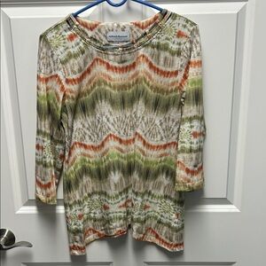 Alfred Dunner Green and Orange Patterned Long Sleeve Top